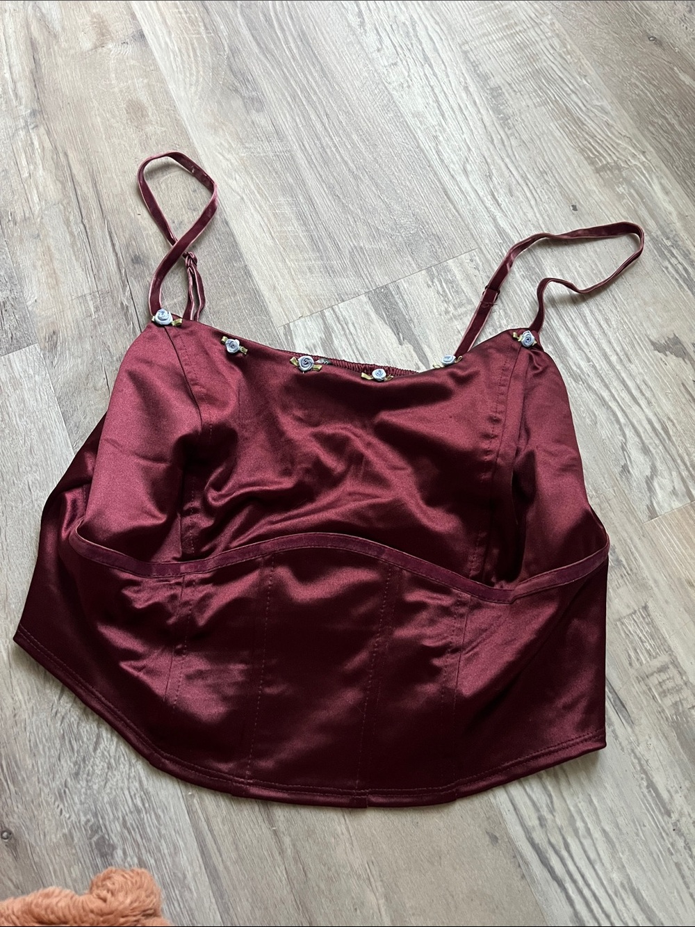 wild fable Burgundy Satin Cami with blue rose Accents